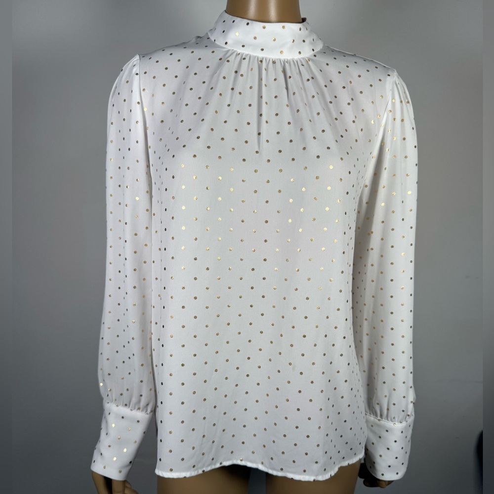 J. Crew Women’s Size Large Sheer Shirred Mock Neck Blouse with Gold Polka Dots